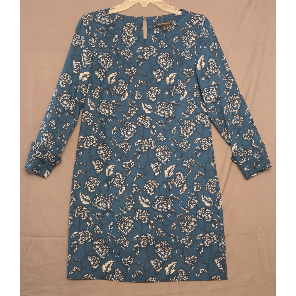 Banana‎ Republic Floral Long Sleeve Shift Dress Womens Size 2 Teal